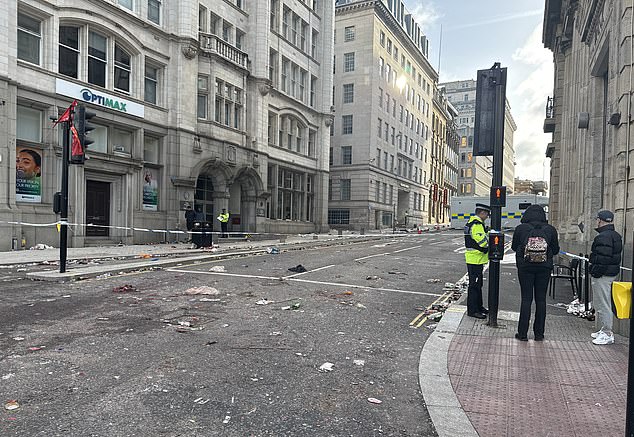 The scene of where the car ploughed into crowds on Water Street is seen this morning