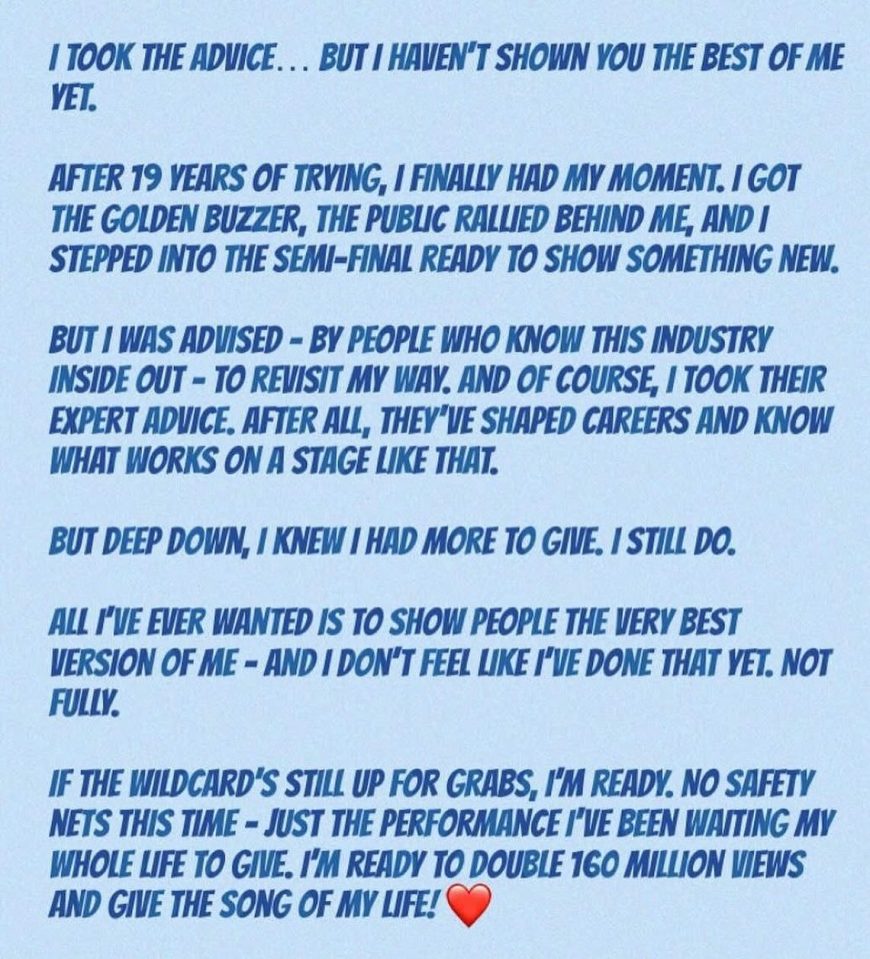 Text post detailing a performer's journey and readiness for a future performance.