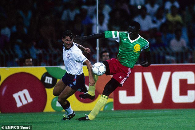 Lineker was widely praised for his heroic performance in the 1990 World Cup (pictured here in the quarter final against Cameroon) as England reached the semi-finals