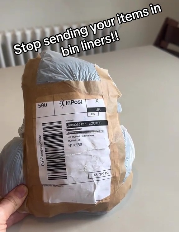 Package wrapped in a bin liner and brown paper, with InPost shipping label.