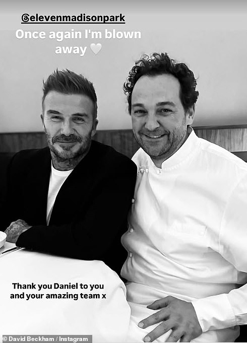Sharing a picture with chef and owner Daniel Humm, David, 50, penned: '@elevenmadisonpark Once again I'm blown away. Thank you Daniel to you and your amazing team x'