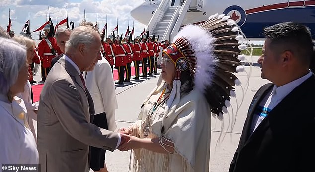 Disembarking at Hanger 11, they were greeted by two 'Mounties' - members of the Royal Canadian Mounted Police - and a 25-strong Honour Guard from the Royal Canadian Dragoon, of which the King is Colonel-in-Chief