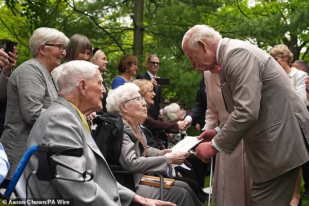King Charles III meeting 100-year-old Weston Girl Betty Sinnett during a tree planting ceremony in Rideau Hall, Ottawa. The Weston Girls were 50 young women from across Canada who were sponsored by Canadian businessman Garfield Weston to attend the coronation of Queen Elizabeth II in the summer of 1953