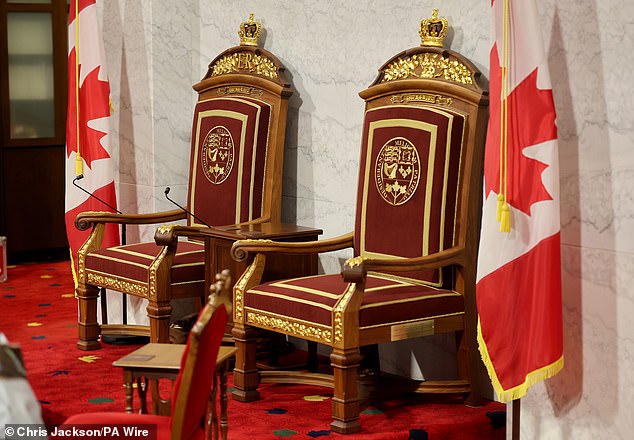 The King and Queen will sit on these thrones commissioned in 2017 and built with English walnut wood from Great Windsor Park donated by Queen Elizabeth II