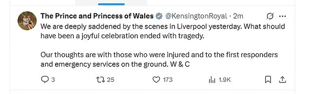 The King and the Prince and Princess of Wales released statements on Tuesday, while Princess Anne visited first responders at a Liverpool hospital