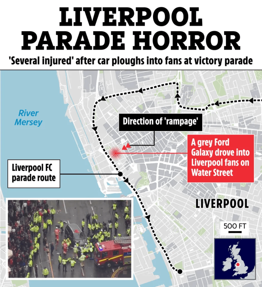 Illustration of Liverpool parade route map showing car's path and location of incident, with inset photo of the aftermath.