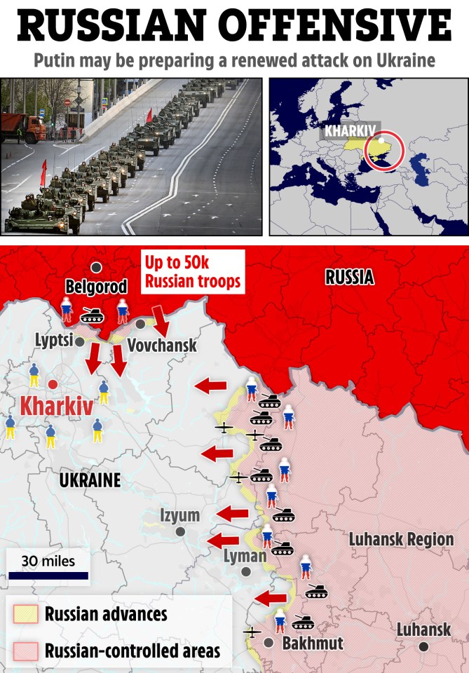 Illustration of a map showing a potential Russian offensive in Ukraine.