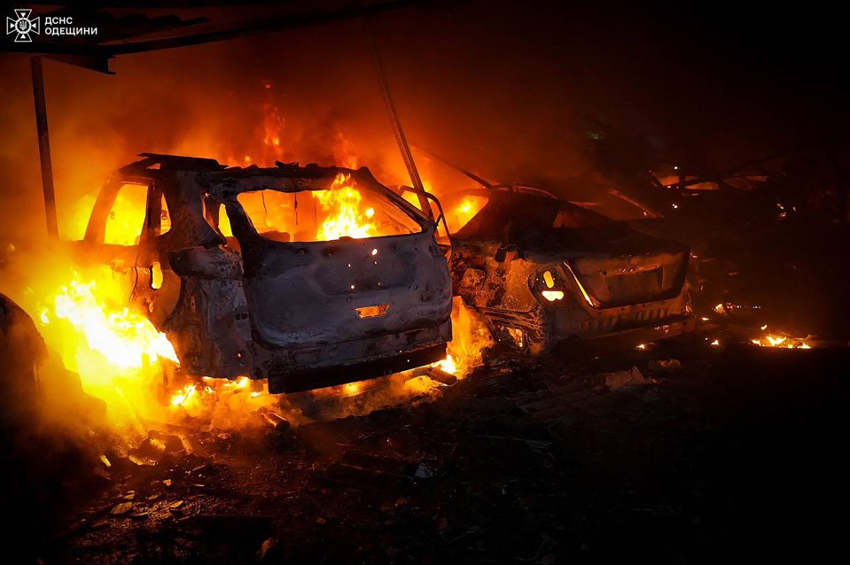 Burning cars after a Russian strike in the Odesa region.