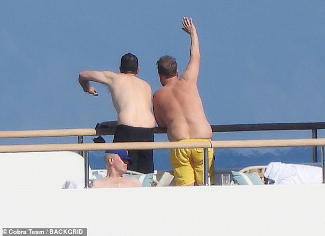 The presenter waved at onlookers as his mega-yacht cruised off the coast of Portofino