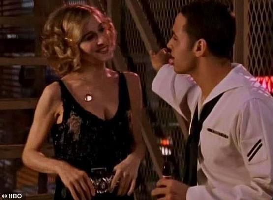 Carrie Bradshaw, played by Sarah Jessica Parker, flirting with a navy sailor in an episode of Sex and the City