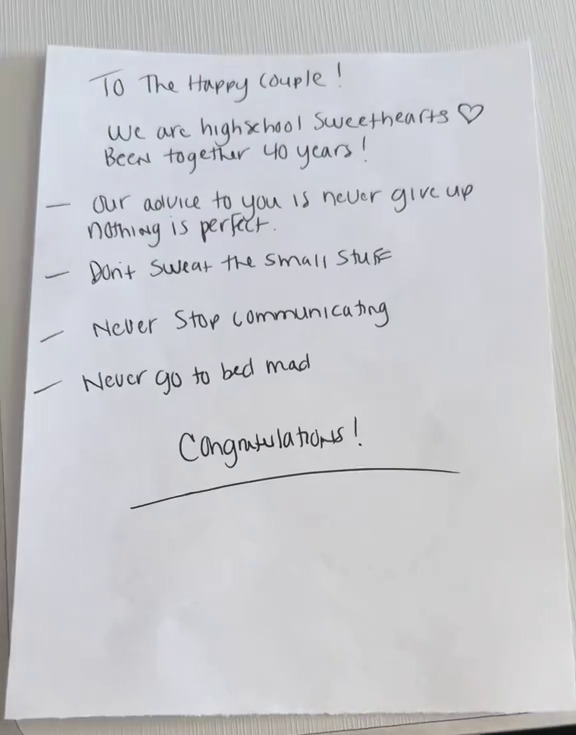 Handwritten marriage advice from a 40-year married couple.