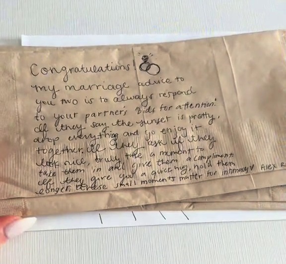 Handwritten marriage advice from fellow airplane passengers.