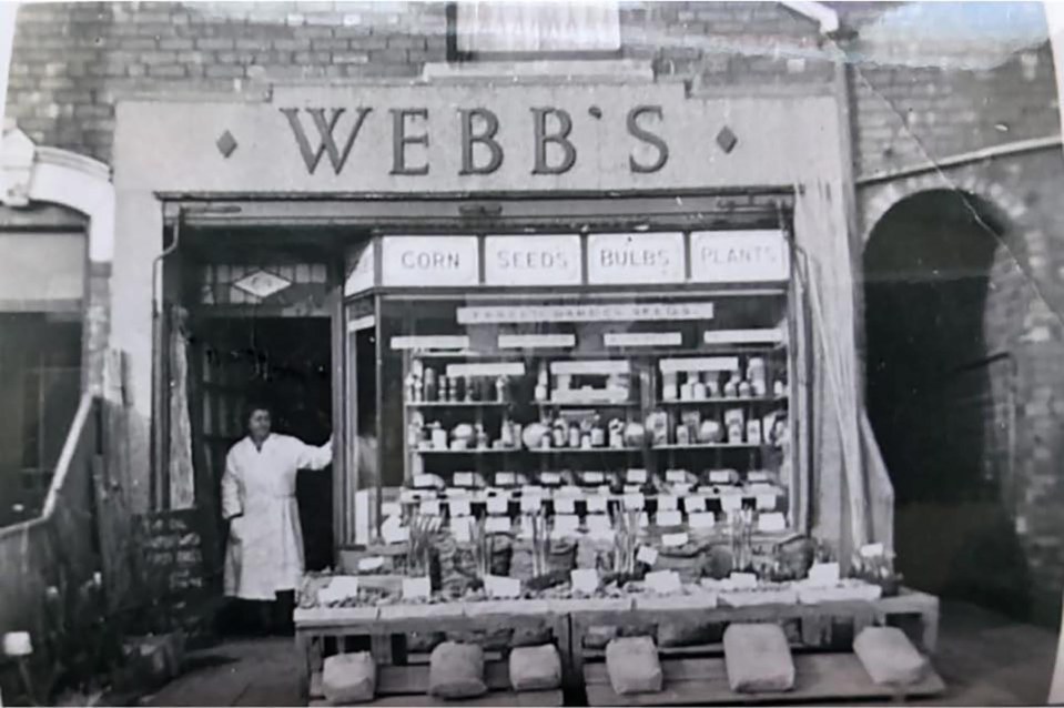 Black and white photo of Webb's of Bearwood, a shop selling corn, seeds, bulbs, and plants.