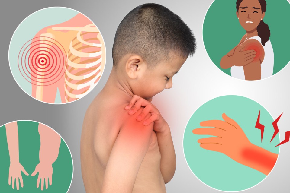 Illustration of a child with shoulder pain, and illustrations of other bone cancer symptoms.