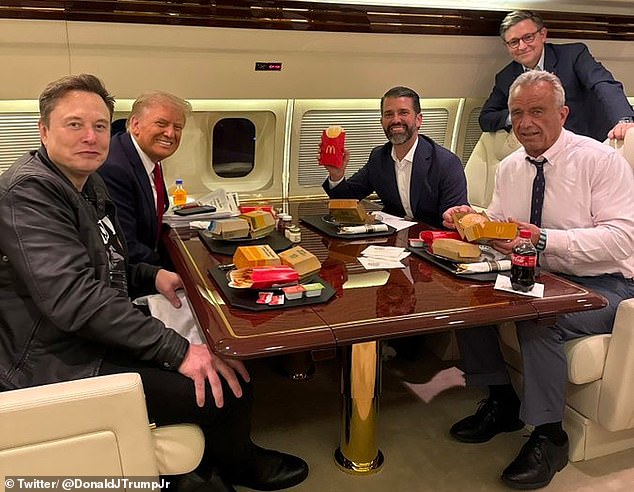 Donald Trump, Elon Musk, Donald Trump Jr, and RFK Jr are seen posing with McDonald's meals onboard Trump Force One as Speaker Mike Johnson smiles behind them