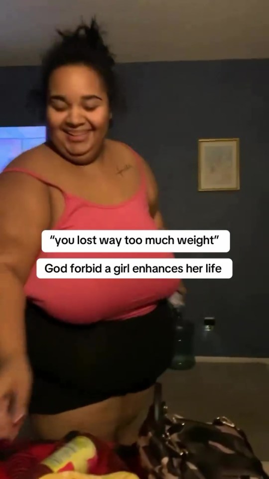 Woman reacting to comments about her weight loss.