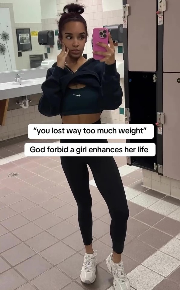 Woman taking a selfie in a gym locker room, captioning her significant weight loss.