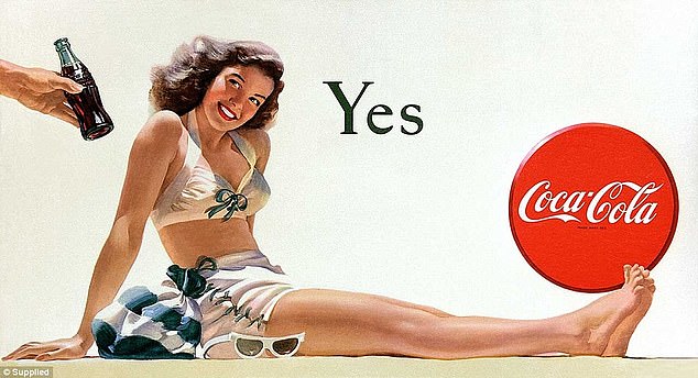 They were pictured lazing on the beach, typing on typewriters and pushing shopping trolleys in their 1950s-style dresses while they sipped from the soft drink bottles