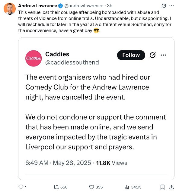The comments sparked fury, with his upcoming gig at a comedy club run by a crazy golf course in Essex being axed shortly after