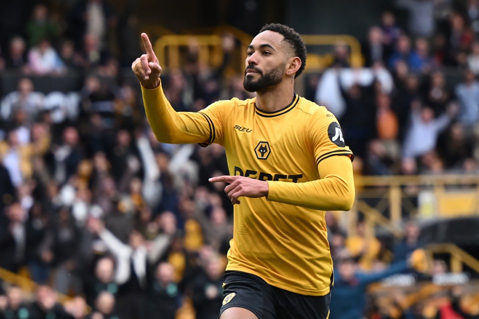 Matheus Cunha of Wolverhampton Wanderers celebrates scoring a goal.