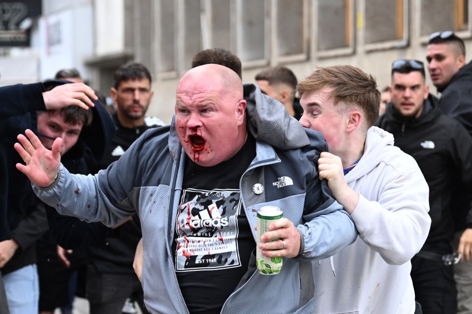A bloody altercation between Chelsea and Real Betis fans.