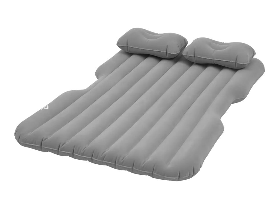 Gray car air bed with two inflatable pillows.
