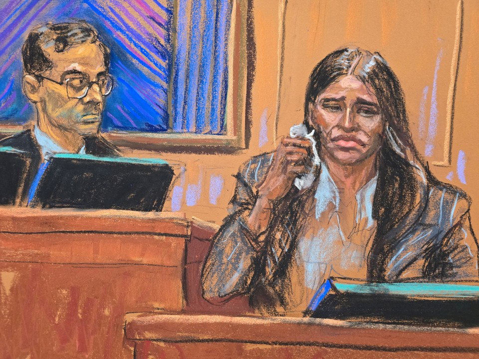 Courtroom sketch of Casandra "Cassie" Ventura crying on the stand.