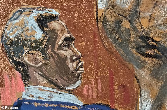 Sean "Diddy" Combs watches as prosecutor Christy Slavik questions Los Angeles fire arson investigator Lance Jiminez at Combs' sex trafficking trial in New York City, New York, U.S., May 28, 2025 in this courtroom sketch. REUTERS/Jane Rosenberg