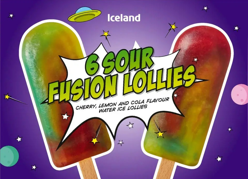 Illustration of six sour fusion lollies in cherry, lemon, and cola flavors.
