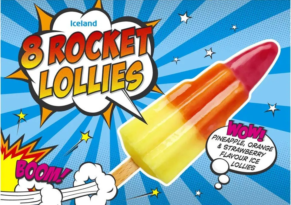 Illustration of eight rocket-shaped lollies in pineapple, orange, and strawberry flavors.