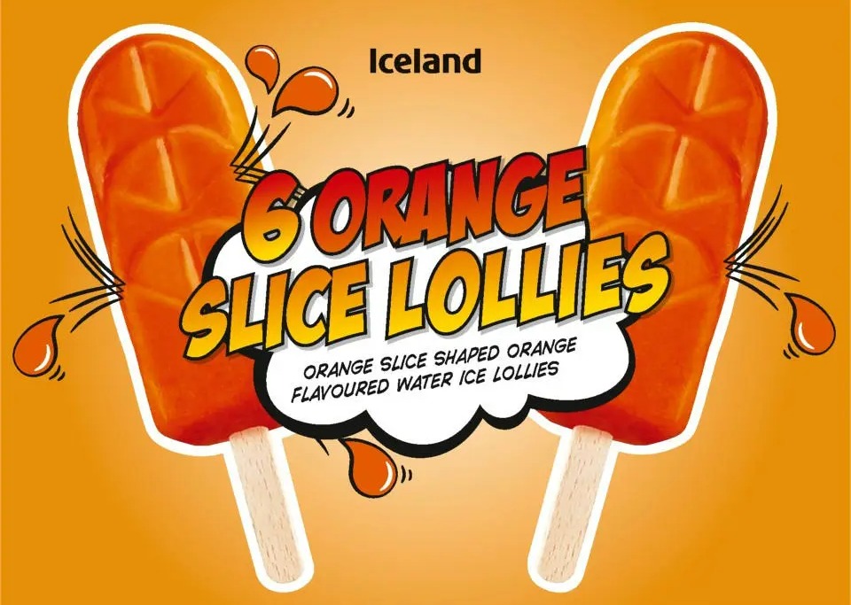 Illustration of six orange slice-shaped ice lollies.