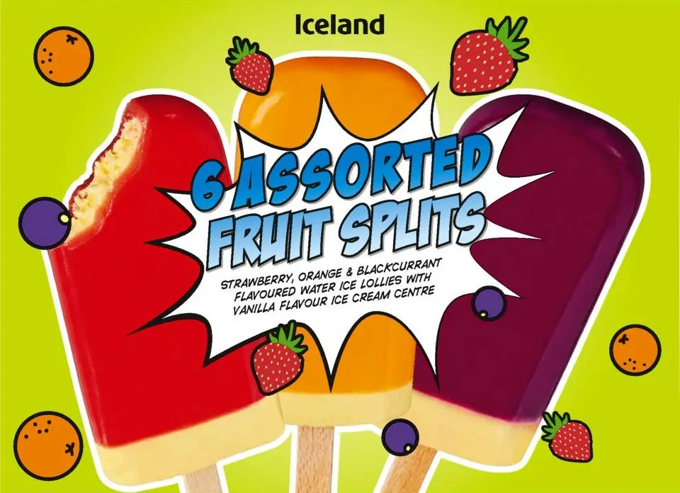 Illustration of six assorted fruit splits ice lollies.