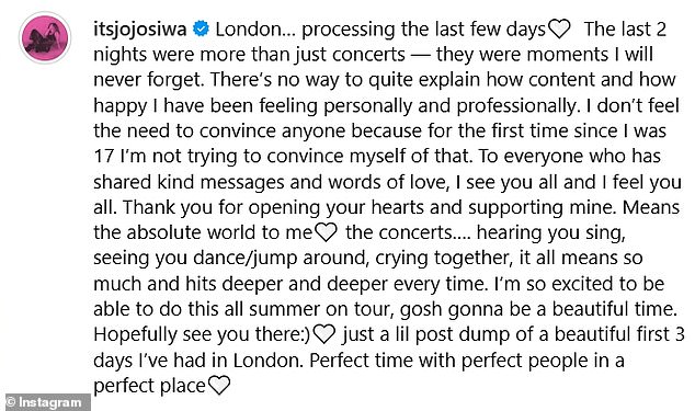 In a lengthy caption, the dancer described her first few days in the UK as 'the perfect time with perfect people in a perfect place'