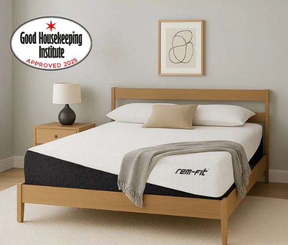 Rem-Fit Hybrid Pocket 1000 mattress on a wooden bed frame, Good Housekeeping Institute Approved.