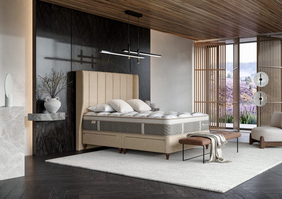 Sealy Exquisite Essence Medium Mattress in a modern bedroom setting.