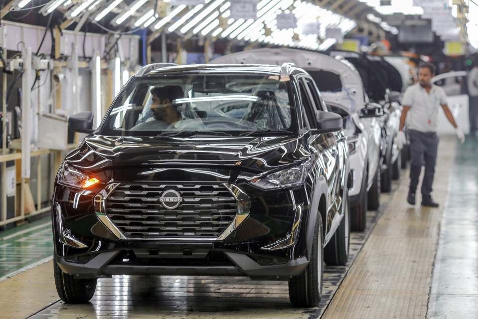 Nissan Magnite vehicles on a production line in Chennai, India.