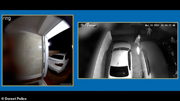With the object now in flames, the man steps back to the edge of the drive before throwing it through the door