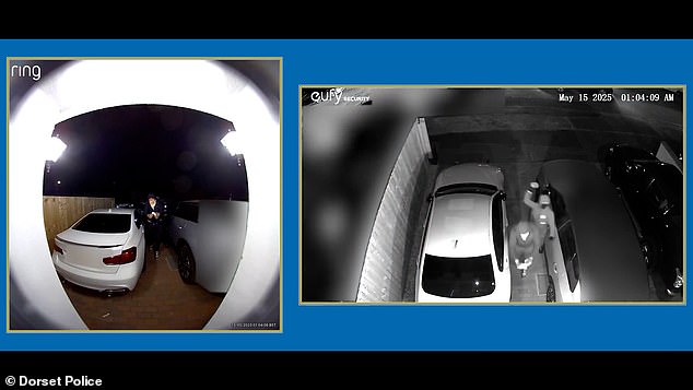 Two hooded men, also sporting balaclavas, could be seen weaving their way between two cars on the property's driveway before one appears to throw a brick