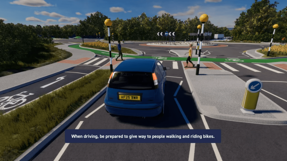 Illustration of a car yielding to pedestrians and cyclists at a roundabout.