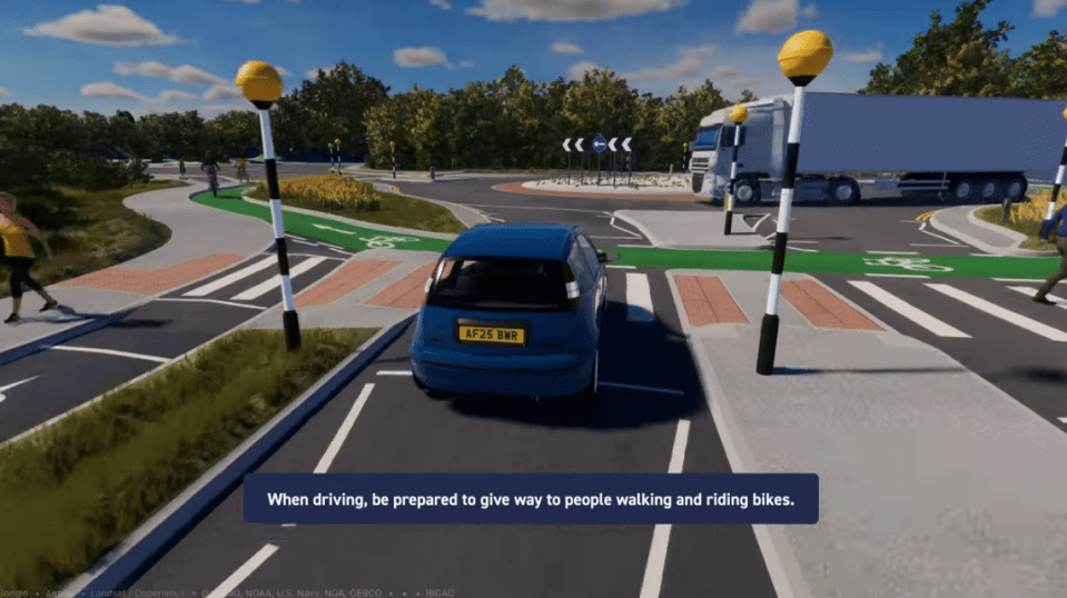 Illustration of a car approaching a pedestrian crossing and cycle path, with pedestrians and cyclists present.  The caption reads: "When driving, be prepared to give way to people walking and riding bikes."