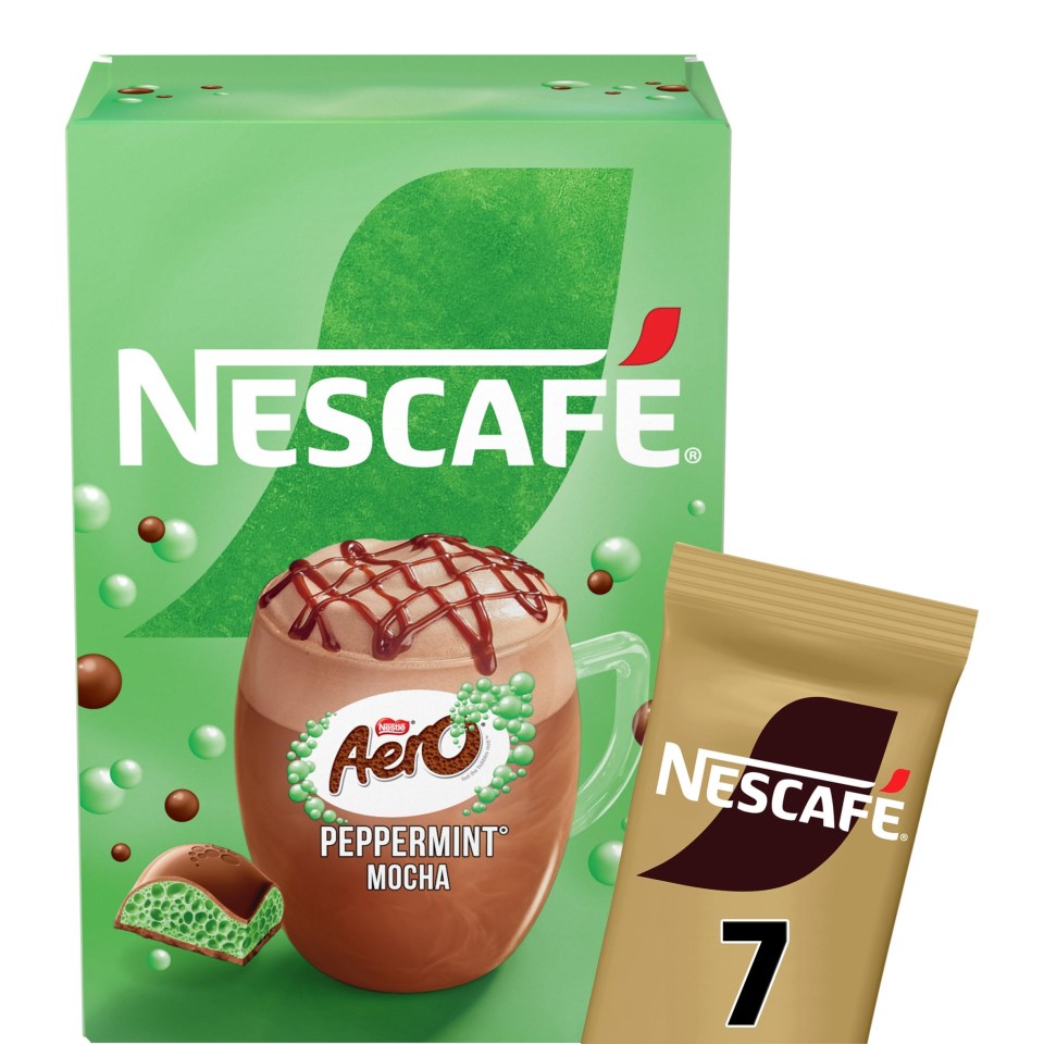 Nescafé Aero Peppermint Mocha box and single-serve packet.