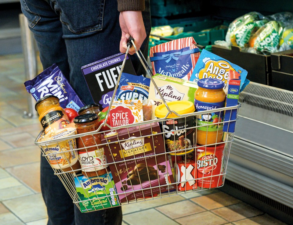 Shopper holding a basket of groceries.