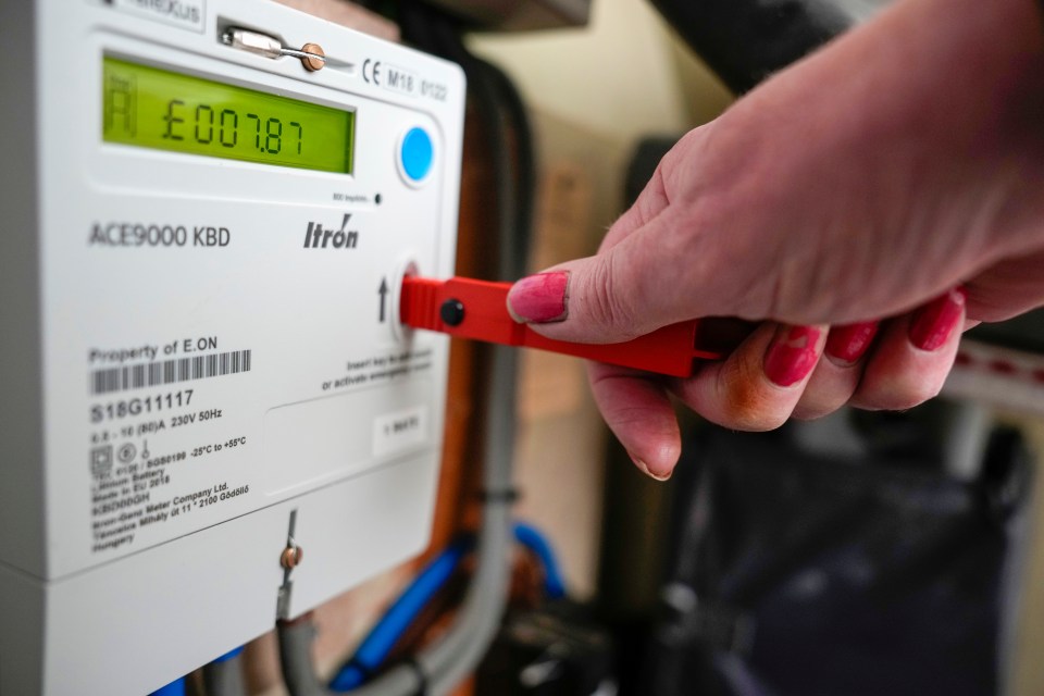 A hand inserting a key into a prepayment electricity meter.