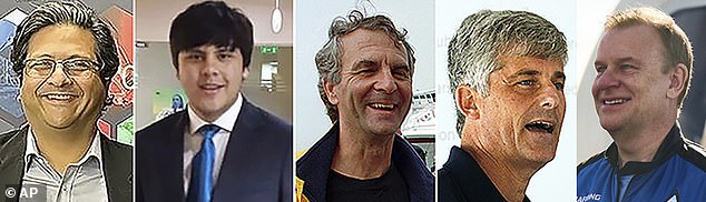 The Titan submersible suffered a catastrophic implosion during a June 2023 descent, killing all five people on board. Pictured: From left, Shahzada Dawood, Suleman Dawood, Paul-Henry Nargeolet, Stockton Rush, and Hamish Harding