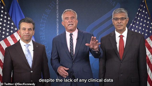 Obama's podcast episode was released just one day after HHS Secretary Robert F. Kennedy Jr's bombshell announcement (pictured) that Covid-19 vaccines would no longer be recommended for healthy children and pregnant women