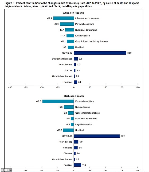 The above graph shows the leading contributors to life expectancy for white and Black Americans