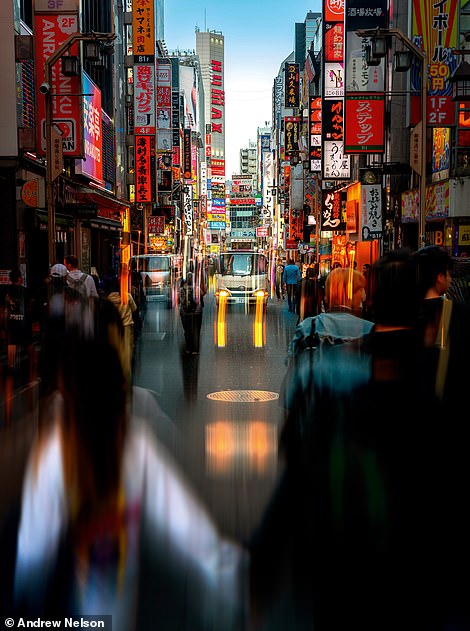 Andrew Nelson took this photo in Tokyo's Shinjuku district. He explains: 'The abstraction is intended, and there is a lot of subject in the scene, depicting the chaos, beauty and complexity of Tokyo city life'
