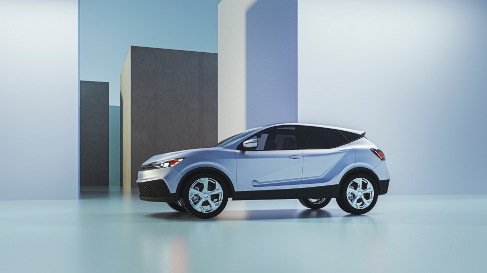 3D rendering of a generic modern SUV against a concrete wall.