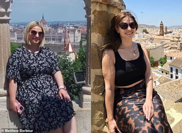 Before her weight loss, Rhianna would eat huge portions of pizza, garlic bread and cookies which hardly 'touched the sides'. But after surgery (right), a tiny portion of chicken breast and some peppers left her feeling full