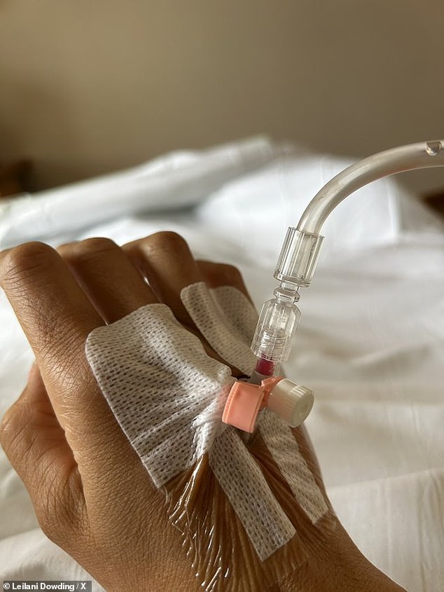 In another snap, she shared a photo of a canular in her hand alongside the caption, 'This is the worst bit. Making me feel sick looking at needle out my hand'